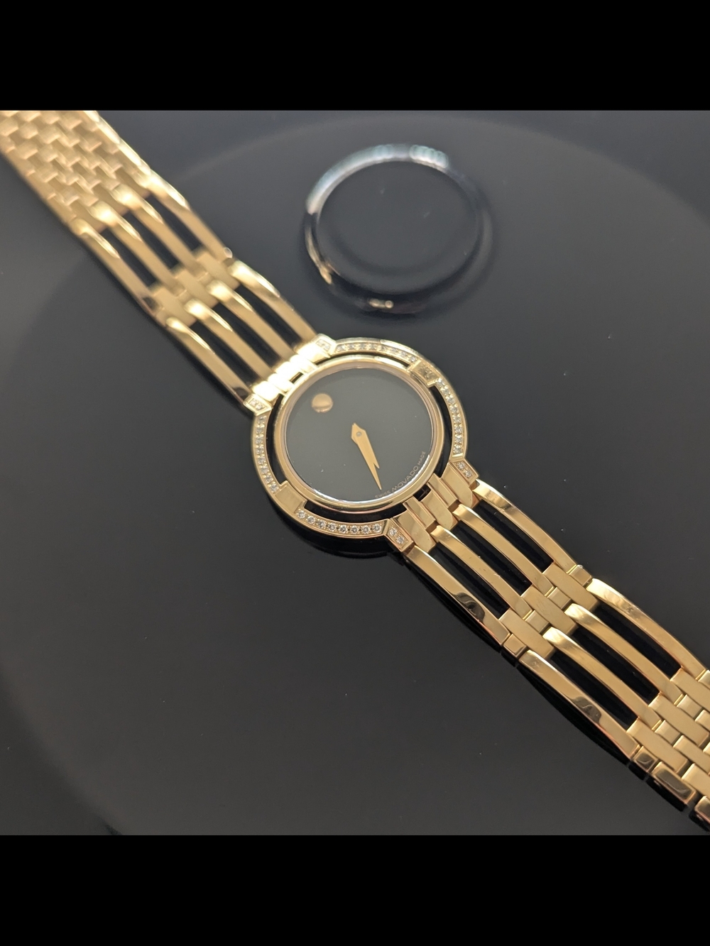 Movado Watch Women’s Gold Black Dial Diamond Bracelet $2795 - Picture 3 of 16